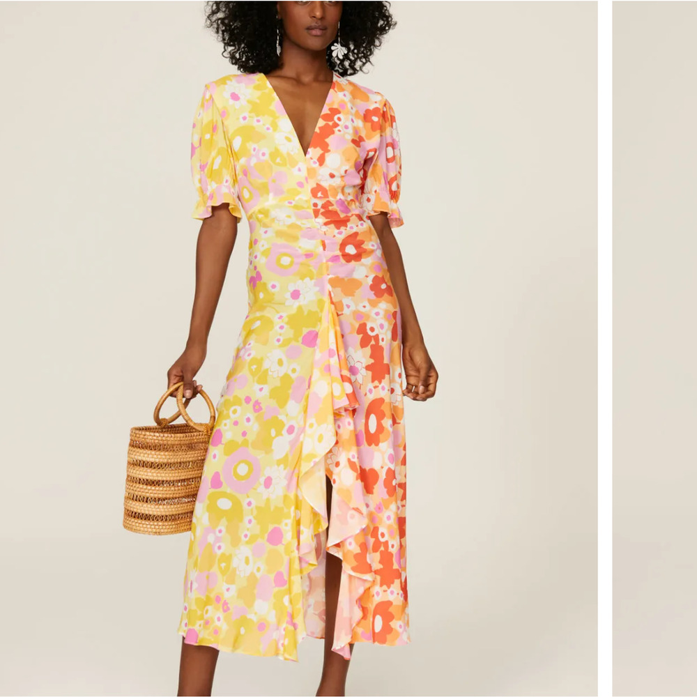 Rixo Whimsical Floral Colorblock Maxi Dress SMALL Ruched Orange Party Fun $420 - Picture 2 of 16